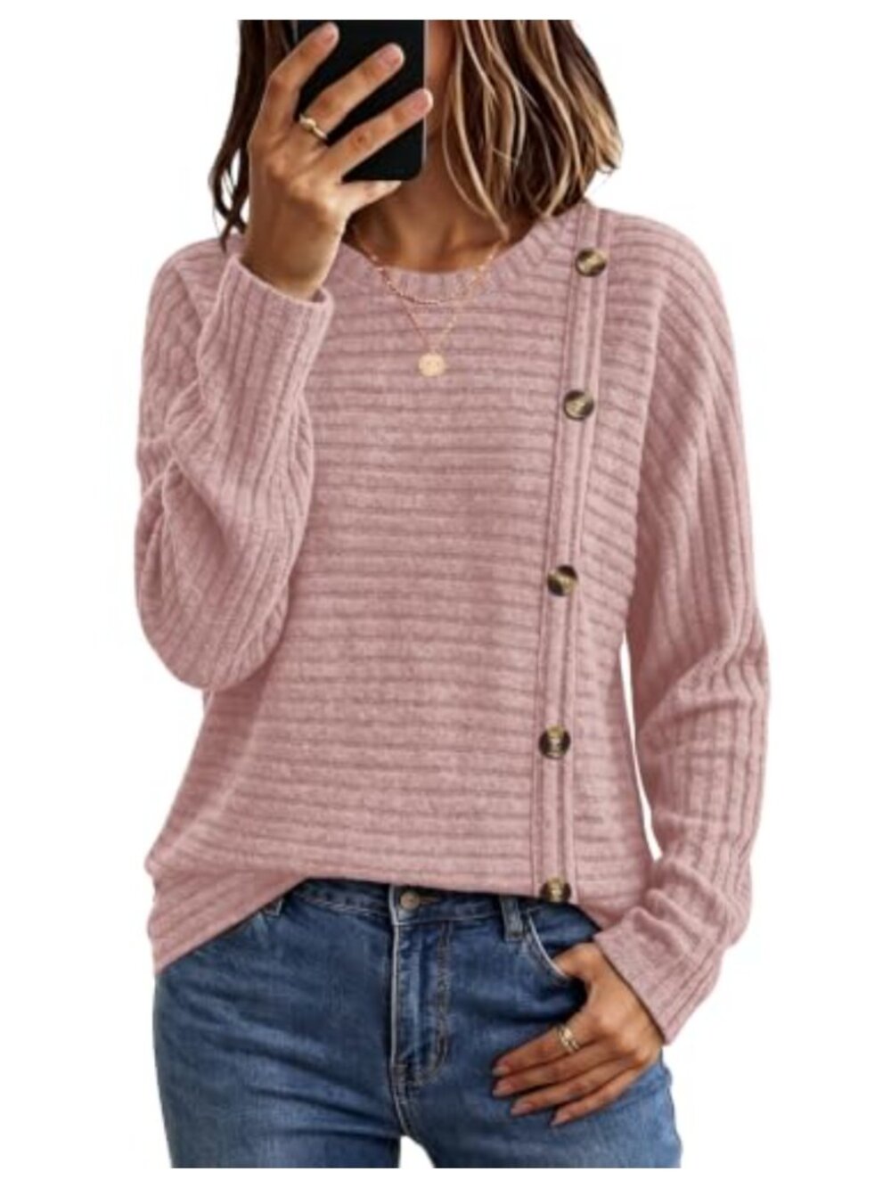 Womens Long Sleeve Tunic Top Textured Crew Neck Button Detail